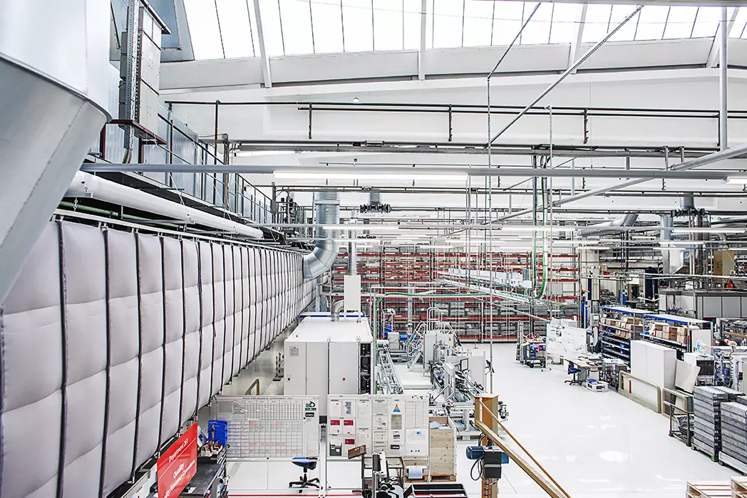 Danfoss industrial warehouse with fabric duct systems installed inside, Denmark