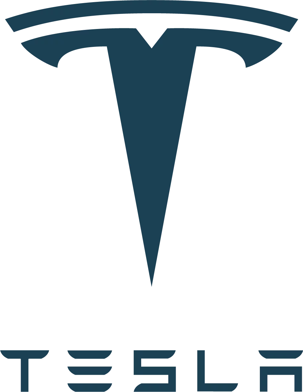 Tesla logo with a stylized dark blue T and the brand name Tesla below it.